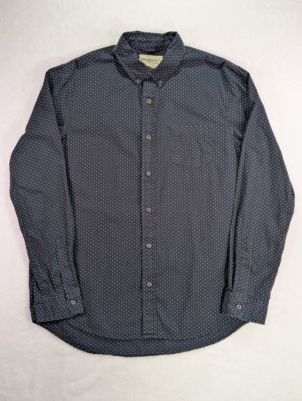 Denim & Supply Ralph Lauren Mens Large Polka Dot Button Down Navy Shirt